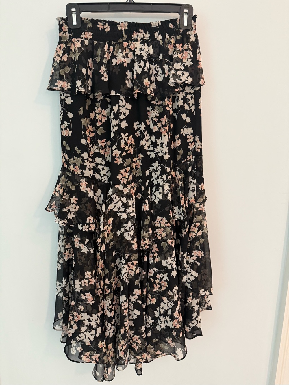 Misa Los Angeles Black Floral Tiered Ruffle Skirt